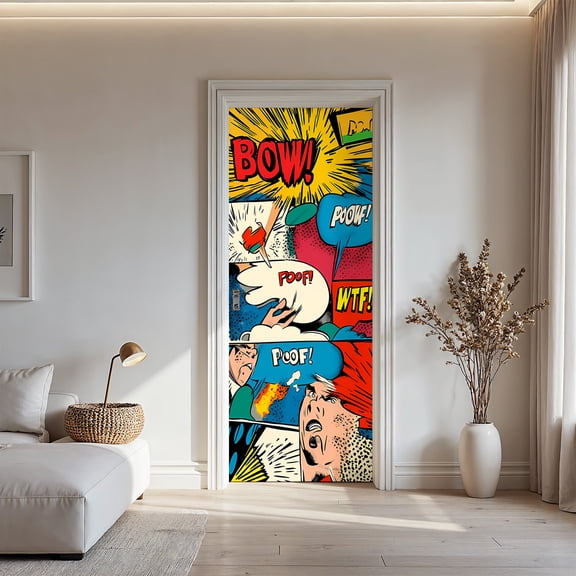 Retro Pop Art Comic Book Door Sticker, Colorful "BOW!" "POOF!" Action Bubble Door Mural Decal for Game Room