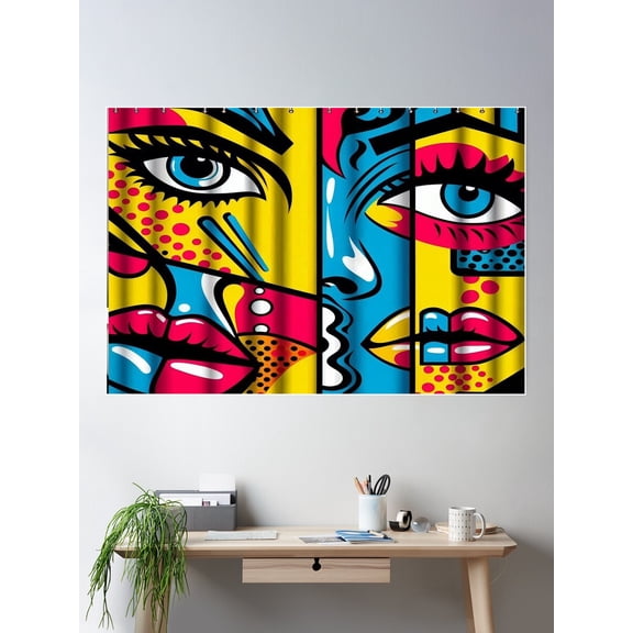 Retro Pop Art Faces Shower Curtain Poster Wall Art, Modern Wall Decor For Living Room Bedroom, 8x12 UNFRAMED