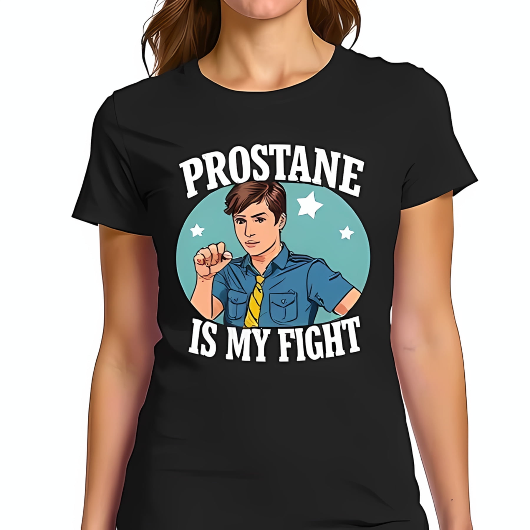 Retro Pop Art Graphic T-Shirt for Women - Light-Skinned Man with Blue ...