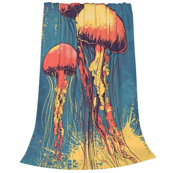 Retro Pop Art Jellyfish Flannel Throw Blanket, Soft, Warm, Durable Abstract Blanket, for Bed, Couch & Travel, Machine Washable 50x40in, Paint Splatter & Swimmers