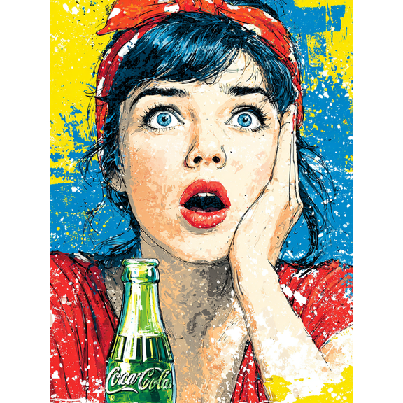 Retro Pop Art Woman Portrait Canvas Wall Art, Comic Style Coca Cola Print, Modern Home Decor