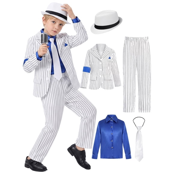 Retro Pop Star Costume White Pinstripe Suit Fedora Hat Tie Blue Shirt Halloween Outfit Set