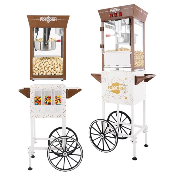 Retro Popcorn Machine with Rolling Cart, 12oz Commercial Popcorn Maker for Theater Snack Bar, 3 Candy Boxes & 3 Independent Control Switches, Stainless Steel, Brown and Antique White