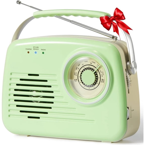 Retro Portable AM FM Radio Bluetooth Supported Plug In & Battery Powered Large Dial For Home Kitchen Outdoor Green
