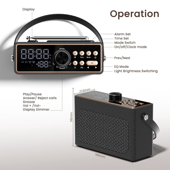 ANTBOOK Retro Portable Bluetooth Speaker with FM Radio & Alarm Clock, LED Display, Vintage Mini for Bedroom Black