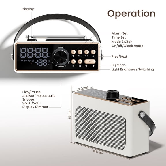 ANTBOOK Retro Portable Bluetooth Speaker with FM Radio & Alarm Clock, LED Display, Vintage Mini for Bedroom White