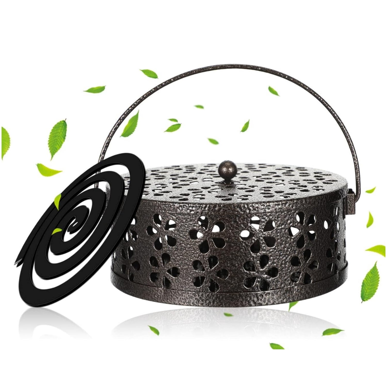 Retro Portable Iron Mosquito Coil Holder Topboutique Metal Mosquito Coil Box with Handle Round Fireproof Incense Holder Hangable Mosquito Incense Plate Box for Home Office Camping(Bronze,1Pack)