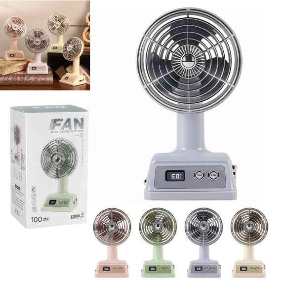 Retro Portable Table Fan, 100-Speed Digital Display, 90° Tilt USB Rechargeable Desk Fan with 1200mAh Battery, Compact Cooling Fan for Desktop, Office, Bedroom & Travel