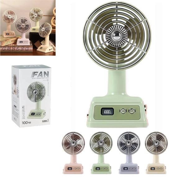 Retro Portable Table Fan, 100-Speed Digital Display, 90° Tilt USB Rechargeable Desk Fan with 1200mAh Battery, Compact Cooling Fan for Desktop, Office, Bedroom & Travel