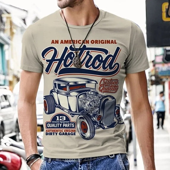 Retro Poster, Car Pattern, 3D Printed Men's T-shirt, Casual and Personalized Oversized Street Fashion Men's Short Sleeved Top