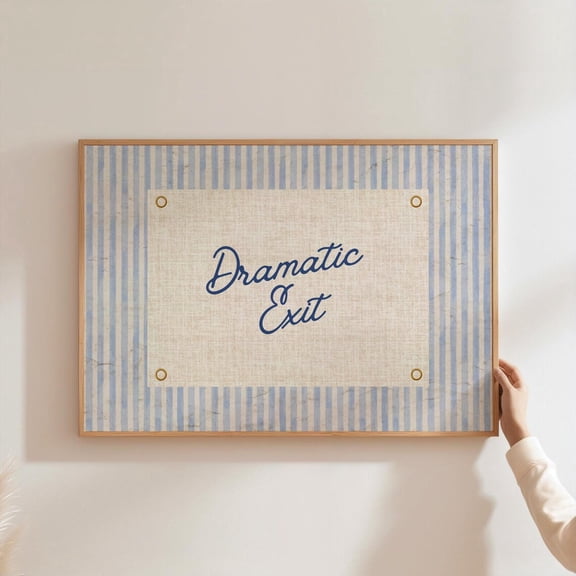 Retro Poster Dramatic Exit Hallway Light Blue Stripes Wall Art Horizontal Fun Quote Trendy Living Room Entryway Decor Unframed Paper Print