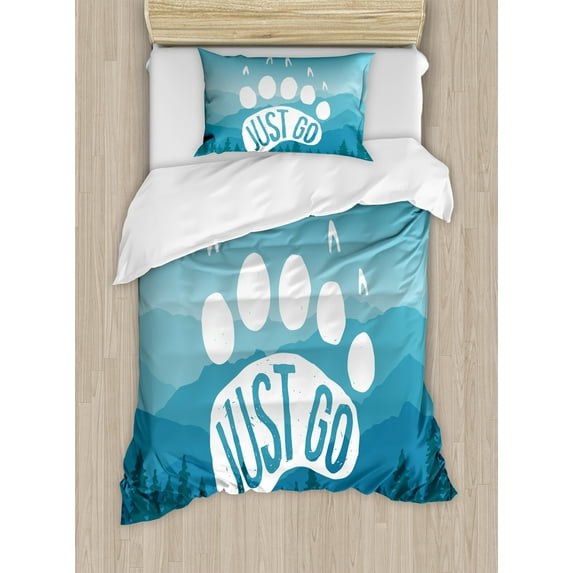 Retro Poster Duvet Cover Set, Inspirational Just Go Words over Mountains Range Graphic, Decorative 2 Piece Bedding Set with 1 Pillow Shams, Twin Size, Blue and White, by Ambesonne