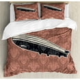 thumbnail image 1 of Retro Poster Duvet Cover Set, Vintage Damask Motif Featured Backdrop with Zeppelin Modern Mix Art Graphic, Decorative 3 Piece Bedding Set with 2 Pillow Shams, King Size, Coral Black, by Ambesonne, 1 of 3
