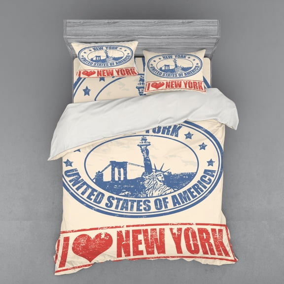 Retro Poster Duvet Cover Set, Vintage I Love New York with of Liberty Grunge Rubber Stamps Design, Bedding Set with Shams and Fitted Sheet, 3 Sizes, by Ambesonne