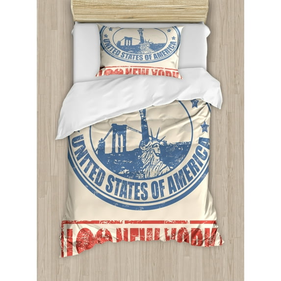 Retro Poster Duvet Cover Set, Vintage I Love New York with of Liberty Grunge Rubber Stamps Design, Decorative 2 Piece Bedding Set with 1 Pillow Shams, Twin Size, Blue Orange, by Ambesonne