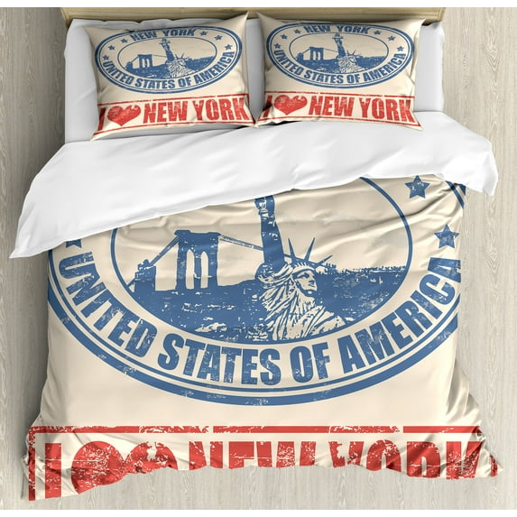 Retro Poster Duvet Cover Set, Vintage I Love New York with of Liberty Grunge Rubber Stamps Design, Decorative 3 Piece Bedding Set with 2 Pillow Shams, Queen Size, Blue Orange, by Ambesonne