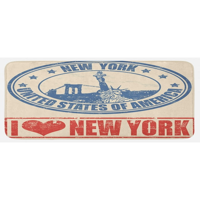 Retro Poster Kitchen Mat, Vintage I Love New York with of Liberty Grunge Rubber Stamps Design, Plush Decorative Kitchen Mat with Non Slip Backing, 47" X 19", Blue Orange, by Ambesonne
