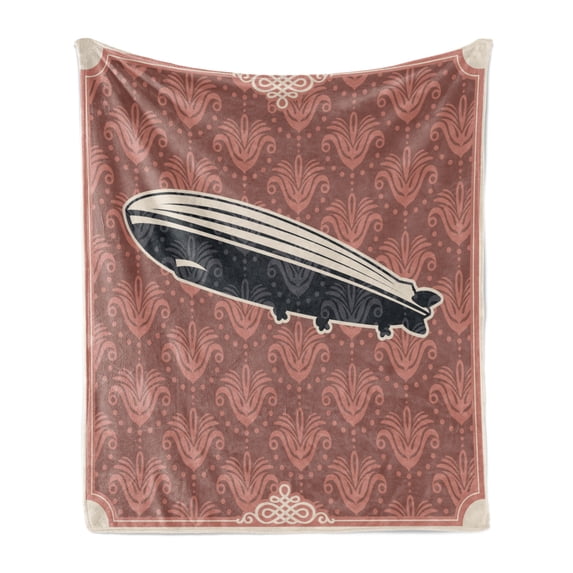 Retro Poster Soft Flannel Fleece Blanket, Vintage Damask Motif Featured Backdrop with Zeppelin Modern Mix Art Graphic, Cozy Plush for Indoor and Outdoor Use, 50" x 70", Coral Black, by Ambesonne