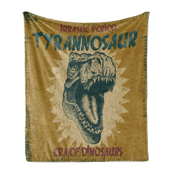 Retro Poster Soft Flannel Fleece Throw Blanket, Grunge Style Vintage Tyrannosaur Dinosaur Jurassic Fossil Pattern Print, Cozy Plush for Indoor and Outdoor Use, 50" x 60", Pale Coffee, by Ambesonne