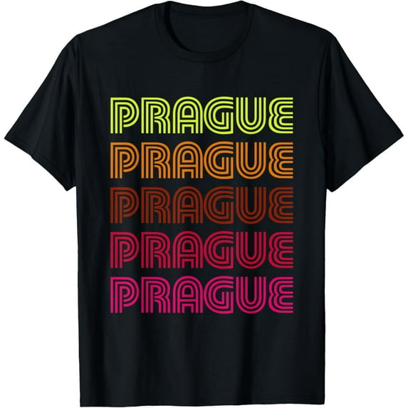 Retro Prague Czech Republic Inline Font Disco Design Vintage T-Shirt men and women can wear, black, white, gifts