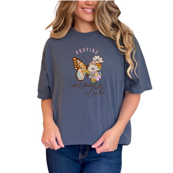 Retro Praying Moms Club with Butterfly & Flowers Art, Denim Comfort Colors T-Shirt, Small