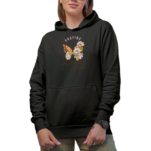 Retro Praying Moms Club with Butterfly & Flowers Art Merch Gift, Black Hooded Sweatshirt or Hoodie, Small