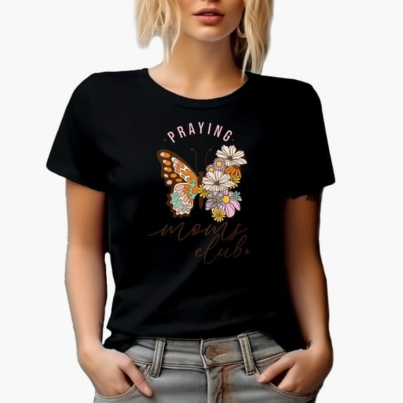 Retro Praying Moms Club with Butterfly & Flowers Art Merch Gift, Black T-Shirt, XL