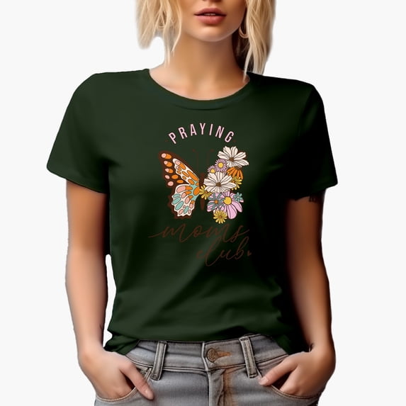Retro Praying Moms Club with Butterfly & Flowers Art Merch Gift, Military Green T-Shirt, Small