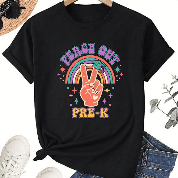 Retro Pre-K Graduation T-Shirt for Women, 100% Cotton Crew Neck Short Sleeve Shirt, Rainbow Hand Sign Graphic