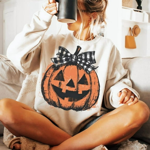 Retro Preppy Fall Pumpkin Sweatshirt, Halloween Jack O’ Lantern Sweatshirt, Ditsy Floral, Girly Autumn Sweatshirt, Checkered Bow Sweatshirt, Checkered Halloween Sweatshirt