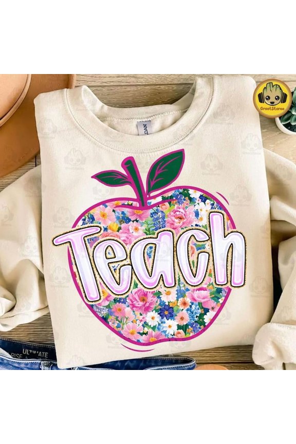 Retro Preppy Floral Teach Png, Floral Teacher Png, Boho Floral Teacher Png, Apple Png, School Png, Teacher Shirt Design, Back To School Png