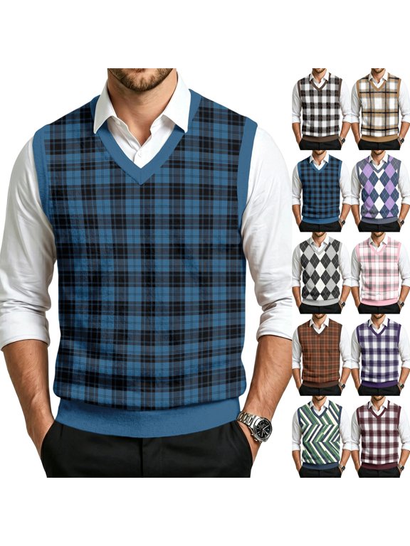 Retro Preppy V Neck Knit Sweater Vest for Men Classic Fit Sleeveless Pullover Tank Tops Fall Business Casual Golf Layering Wear,S,Dark Blue