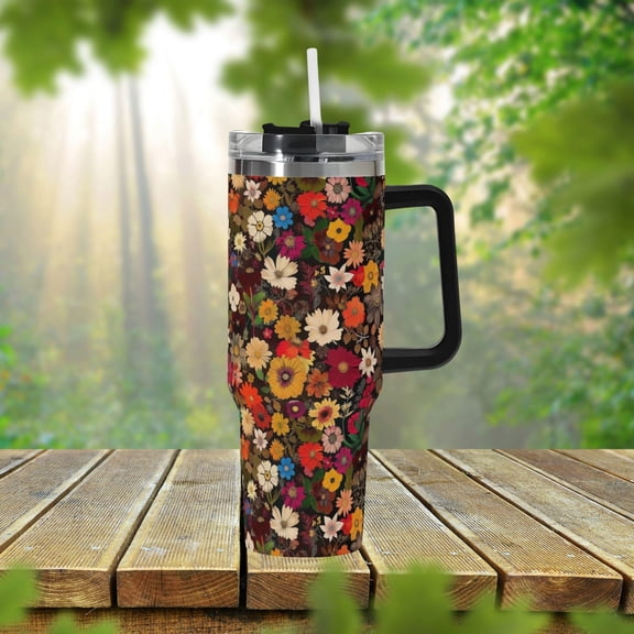 Retro Pressed Flowers 40oz Stainless Steel Tumbler With Handle Lid and Straw, Cottagecore Floral Drink Cup, Travel Tumbler, Tumbler Gift