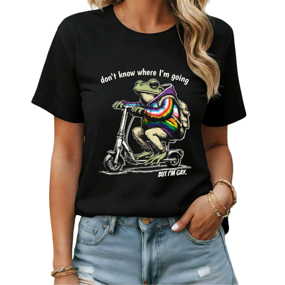 Retro Pride Frog on Scooter Graphic Tees Womens T shirt Black/White S-5XL Shirts Funny Pride Gift Tops