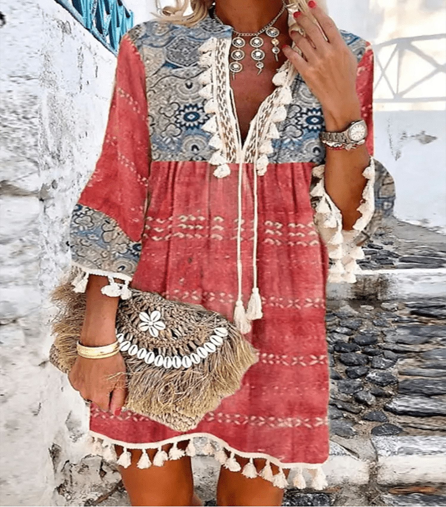 Retro Print Boho Dress, V Neck Tassels Casual Dress For Spring & Summer