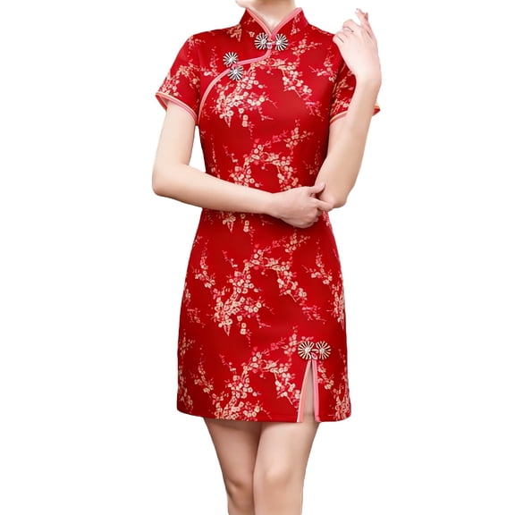 Retro Print Short Qipao Dress – Autumn/Winter Cheongsam with Modern,Red,L