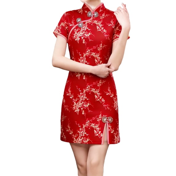 Retro Print Short Qipao Dress – Autumn/Winter Cheongsam with Modern,Red,XXL