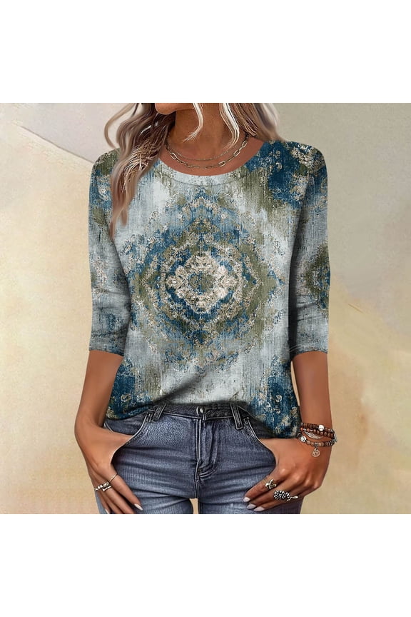 Retro Printed 3/4 Sleeve Sweaters for Womens, Spring Floral Pattern Womens Tops, Lightweight Breathable Casual Blouses for Women Wear & Gifts