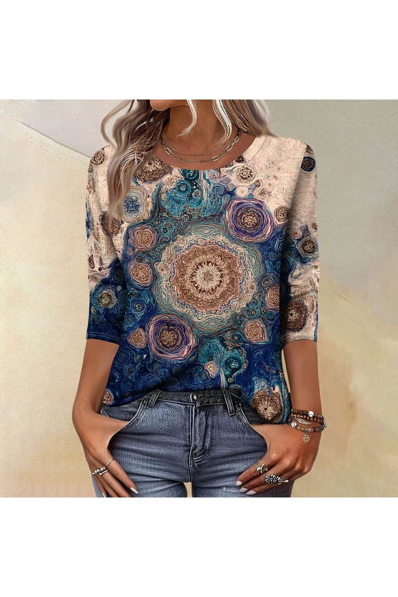 Retro Printed 3/4 Sleeve Sweaters for Womens, Spring Floral Pattern Womens Tops, Lightweight Breathable Casual Blouses for Women Wear & Gifts