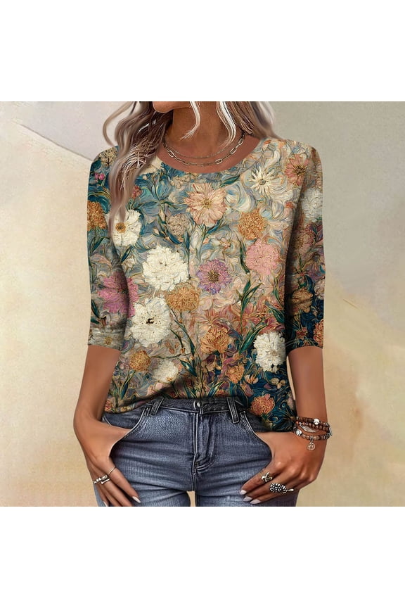 Retro Printed 3/4 Sleeve Sweaters for Womens, Spring Floral Pattern Womens Tops, Lightweight Breathable Casual Blouses for Women Wear & Gifts