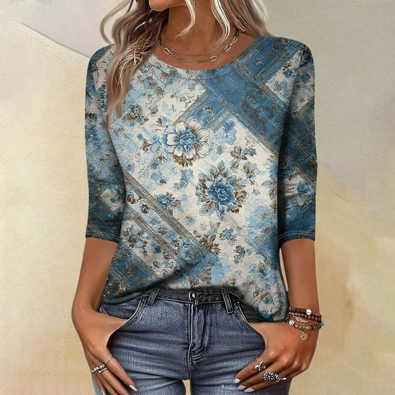 Retro Printed 3/4 Sleeve Sweaters for Womens, Spring Floral Pattern Womens Tops, Lightweight Breathable Casual Blouses for Women Wear & Gifts