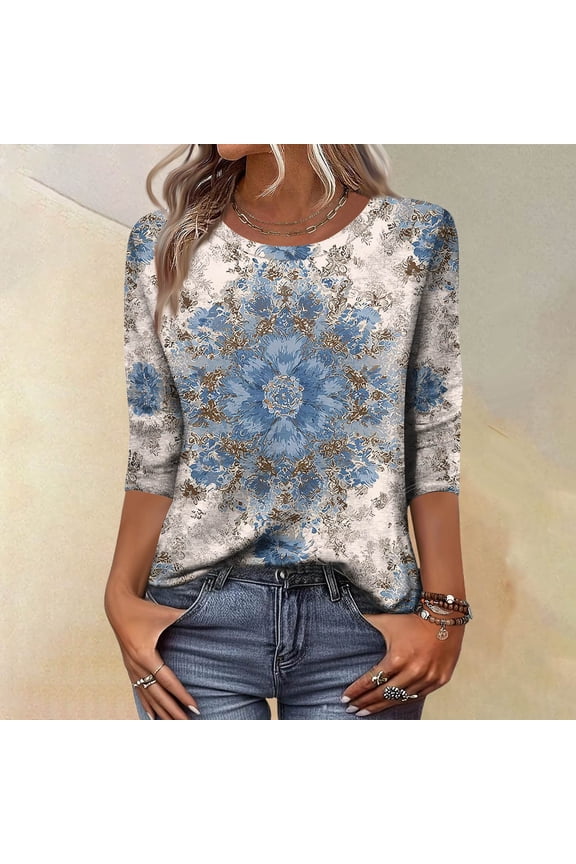 Retro Printed 3/4 Sleeve Sweaters for Womens, Spring Floral Pattern Womens Tops, Lightweight Breathable Casual Blouses for Women Wear & Gifts