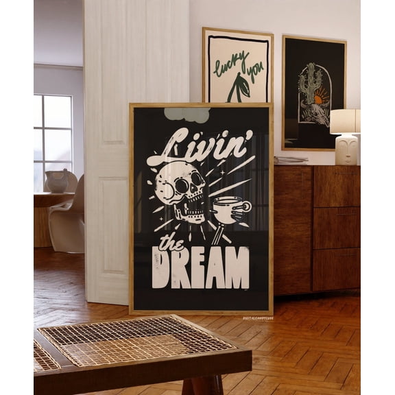 Retro Prints Black And White Aesthetic Livin The Dream Wall Decor Kitchen Art Coffee Bar, Unframed Paper Print Size 24x36