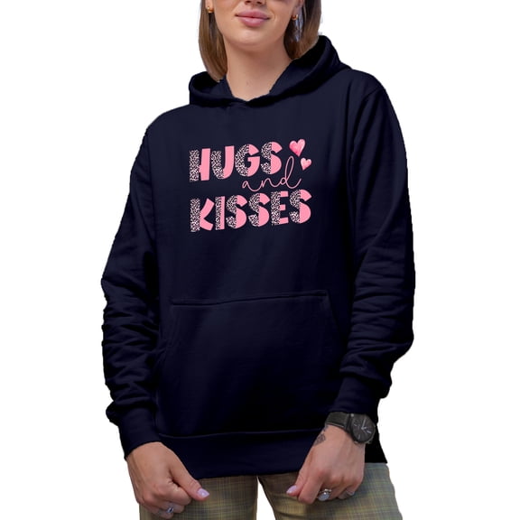 Retro Prints on Hugs and Kisses Romantic Holiday Perfect Gift, Navy Hooded Sweatshirt or Hoodie, Small