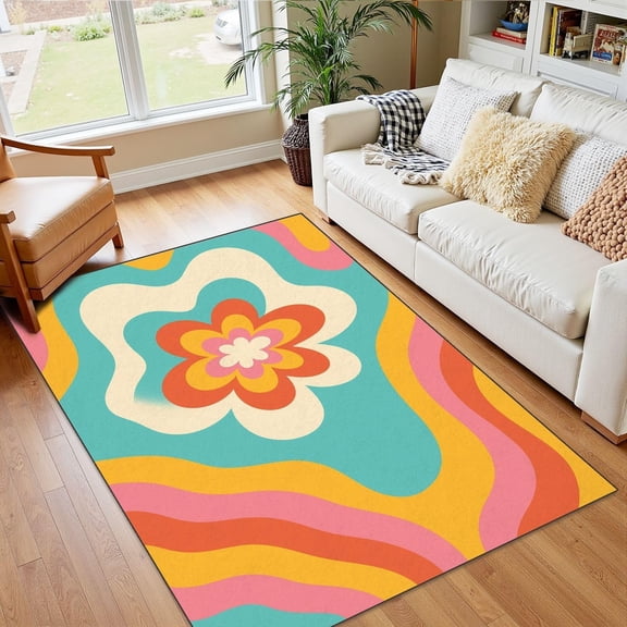 Retro Psychedelic Wavy Area Rug, 70s Abstract Swirl Pattern Carpet, Washable Non Slip Low Pile Soft Thin, Living Room Bedroom Entryway Home Decor Mat 5x8ft