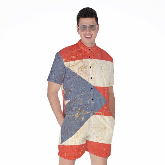 Retro Puerto Rican Flag Short Sleeve Men'S Rompers, Puerto Rico Casual Summer Jumpsuits Outfit