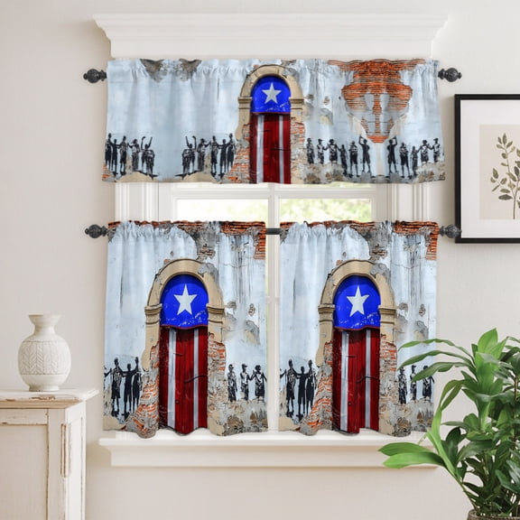 Retro Puerto Rico Door Curtain Tier and Valance Set 3 Piece,Shabby Mottled Wall Art 3-inch Rod Pocket Window Tier Curtains Valance for Kitchen Living Room