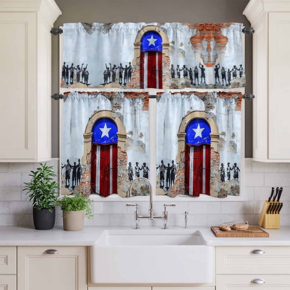 Retro Puerto Rico Door Curtain Tier and Valance Set 3 Piece,Shabby Mottled Wall Art 3-inch Rod Pocket Window Tier Curtains Valance for Kitchen Living Room