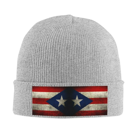 Retro Puerto-Rico-Flag Winter Beanie Hats for Men Women Warm Cozy Knitted Cuffed Skull Cap Gray