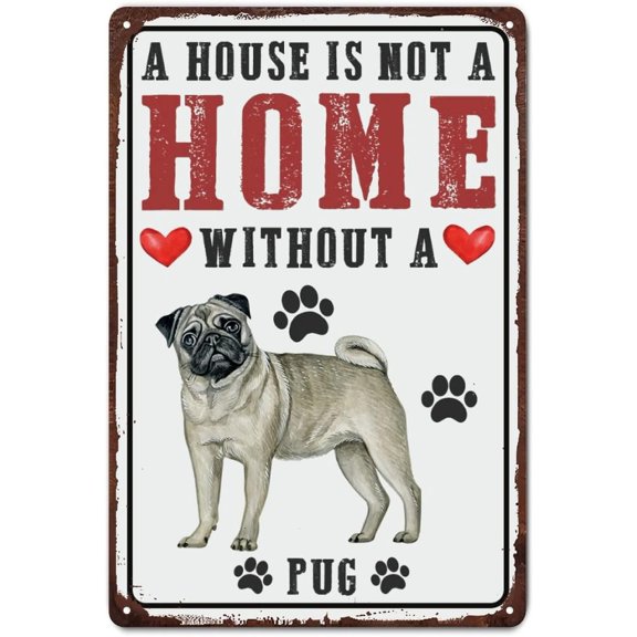 Retro Pug Dog Metal Wall Sign, Dog Portrait Tin Plaque, Funny Home Office Classroom Wall Decor, 8 x 12 Inch